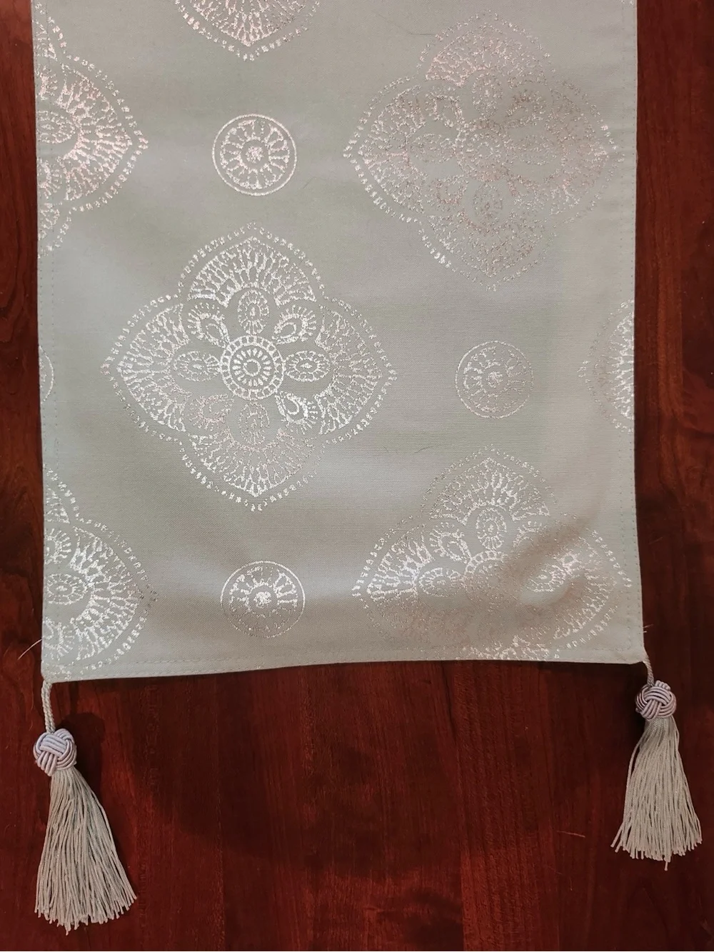 Elegant Soft Green 70” Table Runner with Silver Medallions & 5.5” Tassels